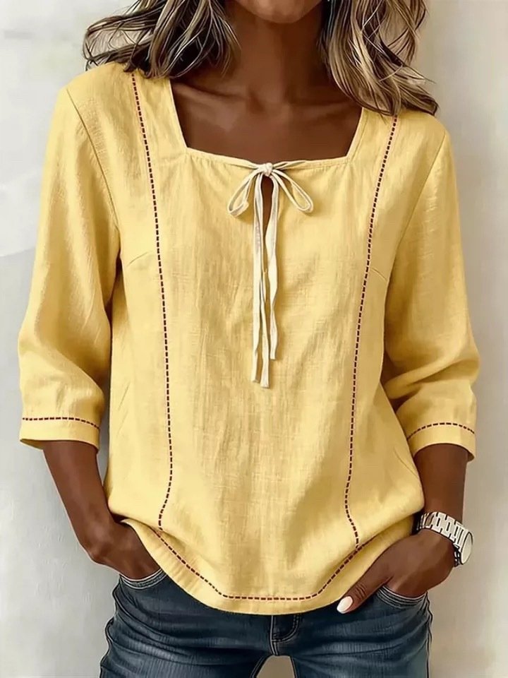 Plain Square Neck Loose Vintage Blouse