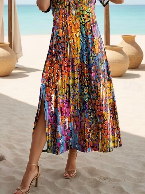 Women's Short Sleeve Summer As Picture Abstract Printing Crew Neck Daily Going Out Casual Maxi H-Line T-Shirt Dress Dress