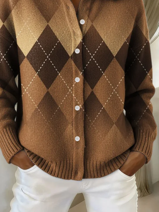 Women's Retro Plaid Geometric Print Casual Lapel Button-Up Cardigan