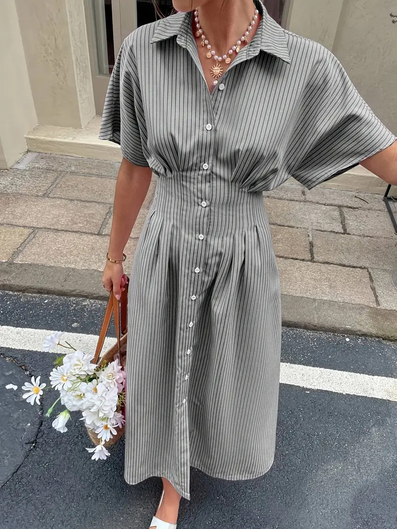 Blue Striped Slim Waist Short Sleeve Round Neck Short Dress