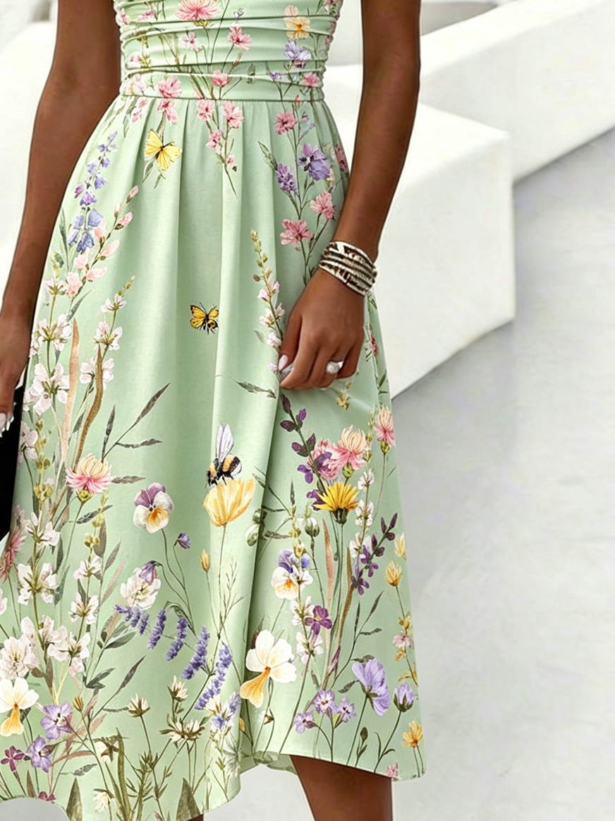 Botanical Pattern Vacation Regular Fit Crew Neck Dress With No