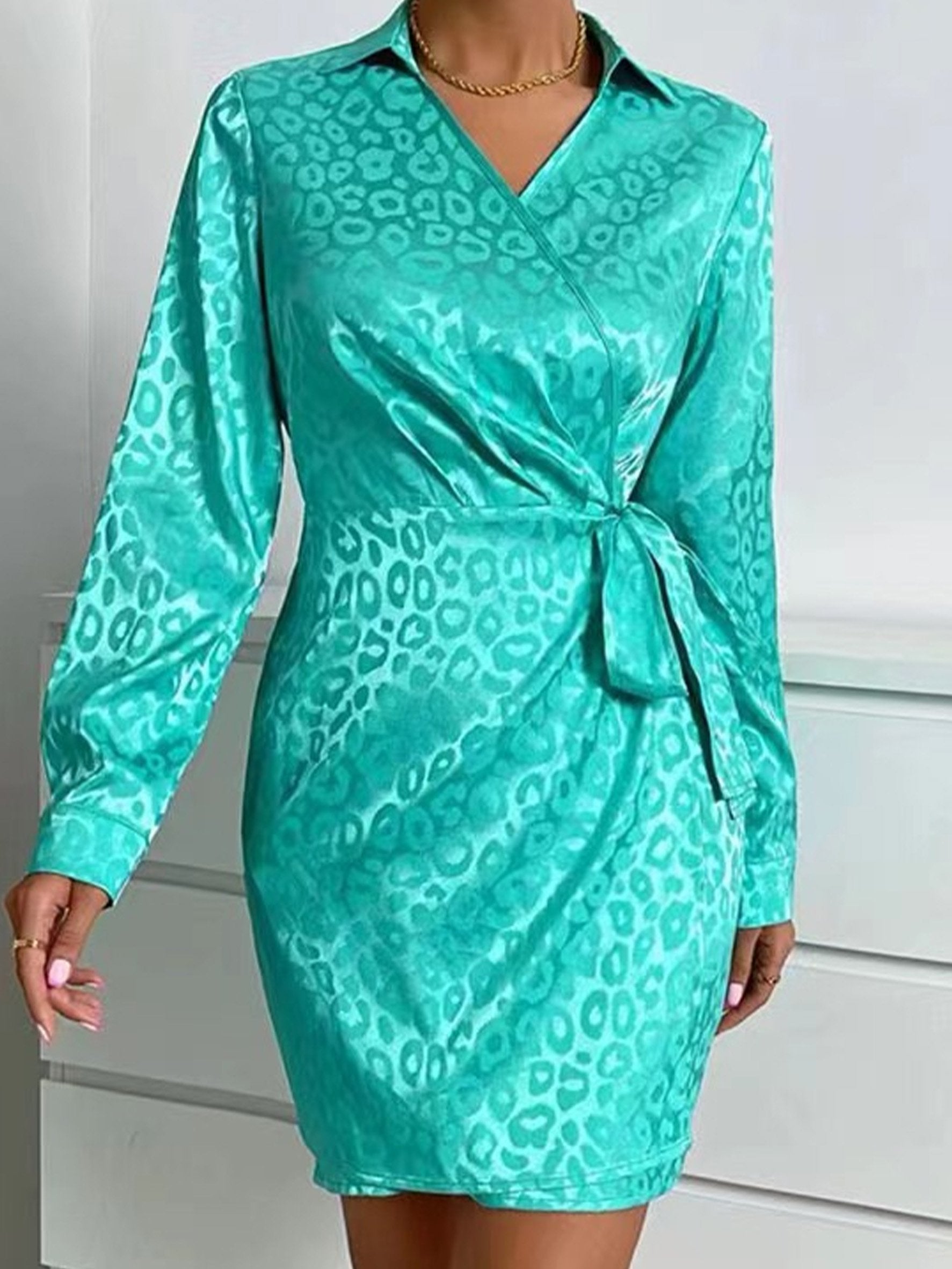 Stain Leopard V Neck Long Sleeve Elegant Going Out Mini Dress