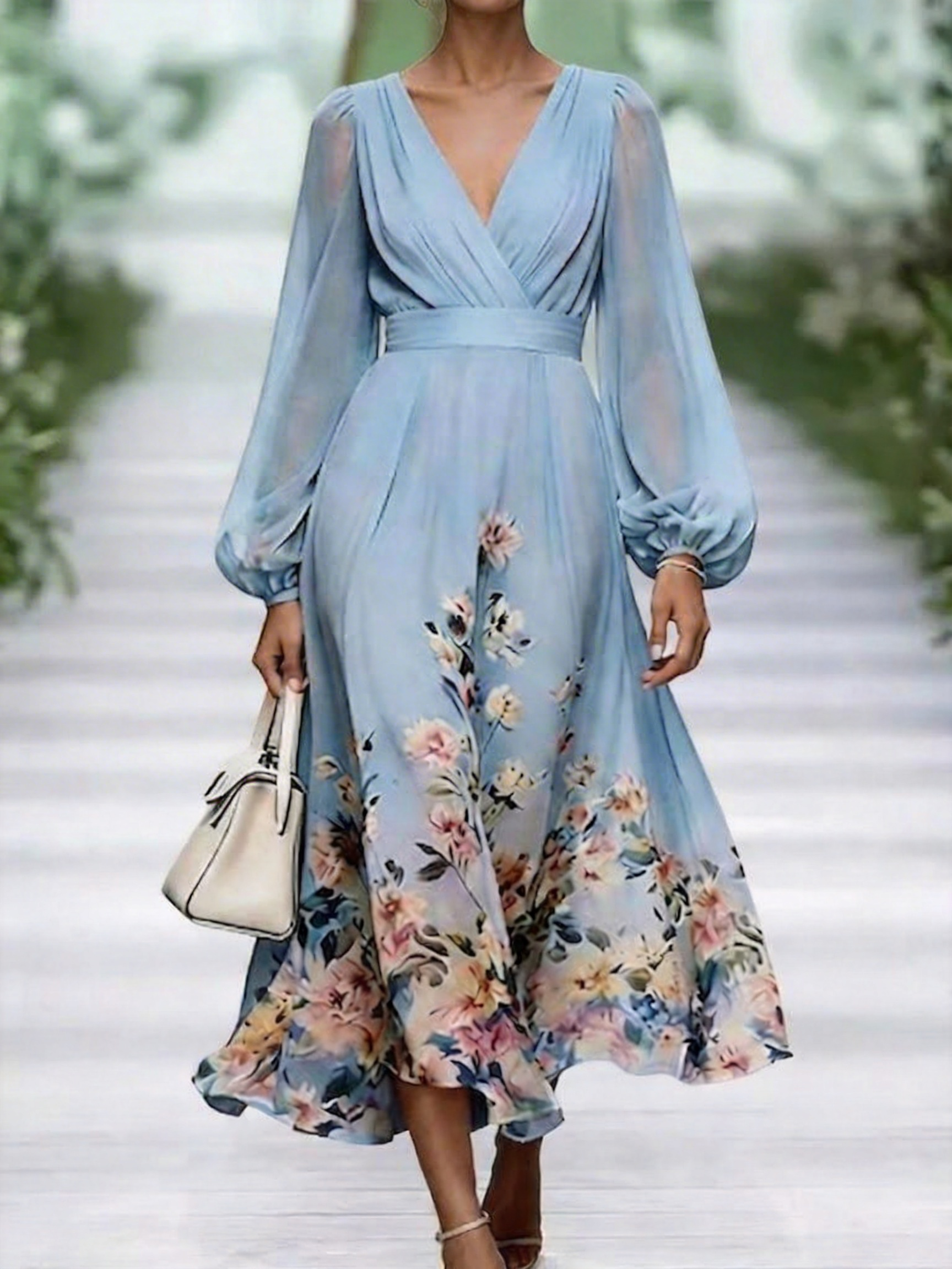 Regular Fit Elegant Floral V Neck Dress With No