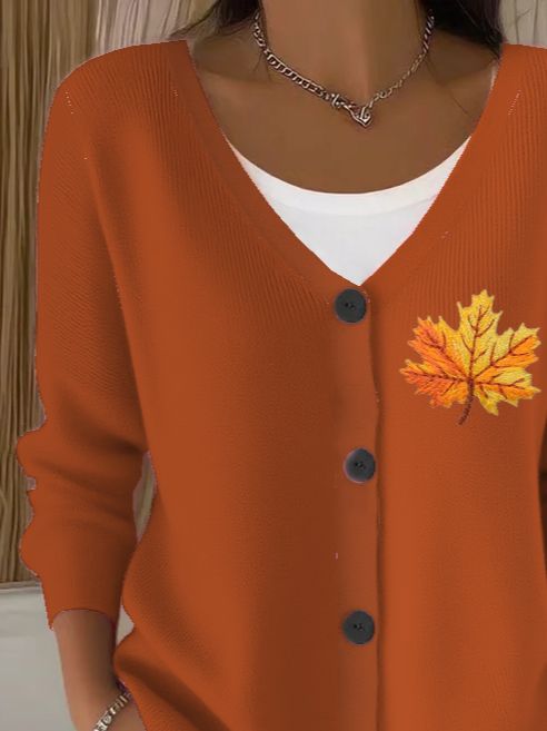 Women's Maple Leaf Fall Casual Long Sleeve Button Cardigan