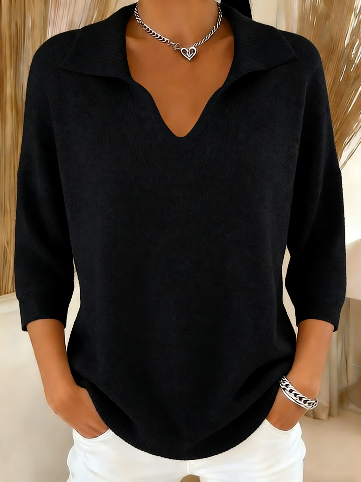Plain Casual Loose V Neck Sweater