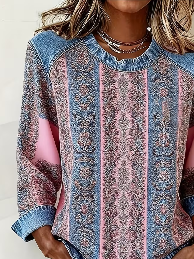 Women's Abstract Print Patchwork Denim Crewneck Long-Sleeved Sweatshirt