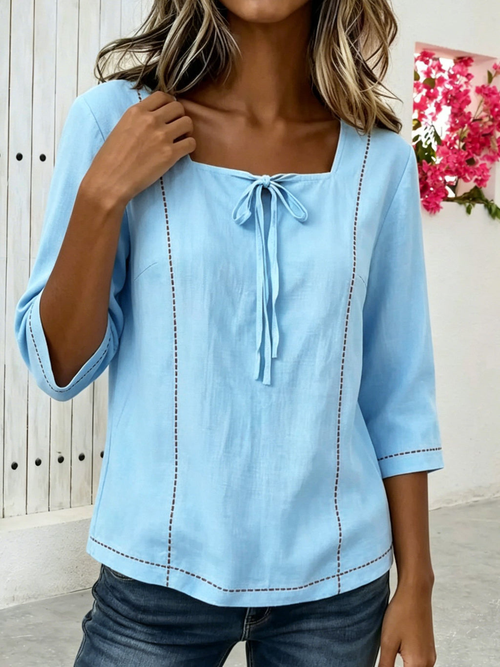 Plain Square Neck Loose Vintage Blouse