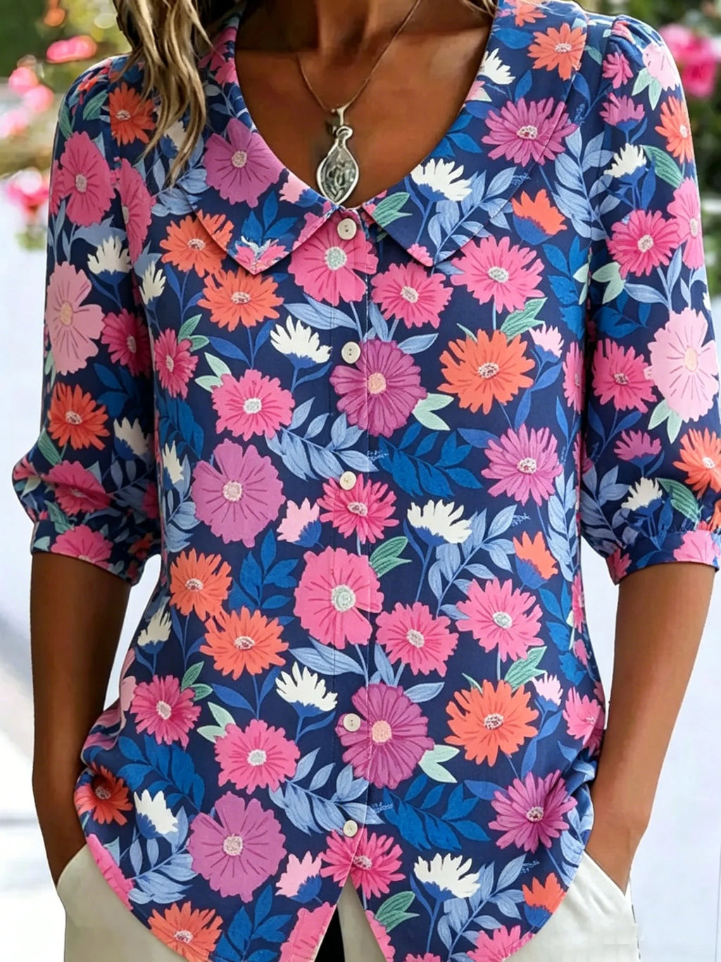 3D Printing Linen Blend Colorful Floral Shawl Collar Button Loose Casual Shirt
