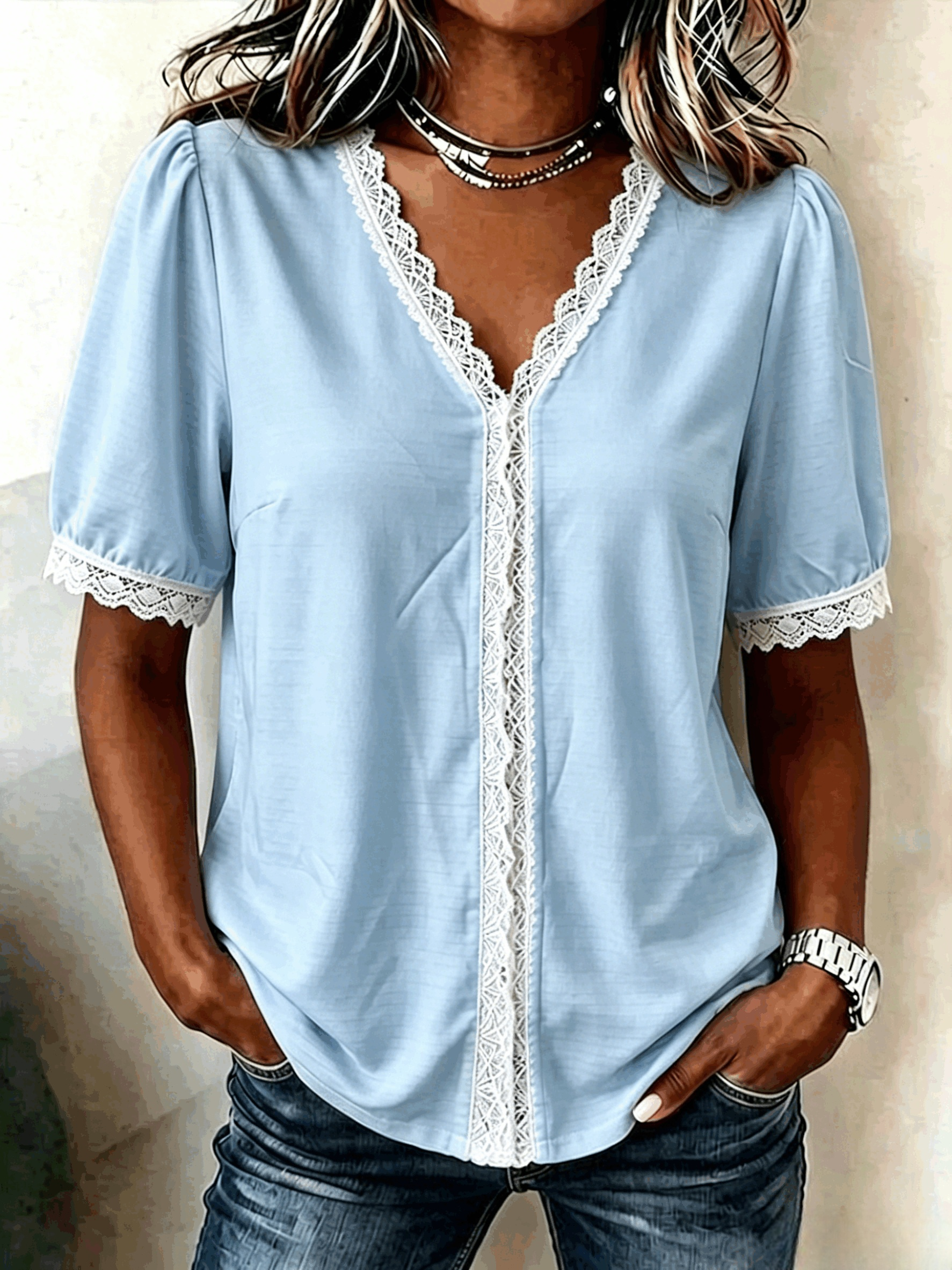 Plain Regular Fit V Neck Casual Blouse