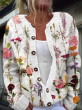 Casual Crew Neck Plants Floral Cardigan
