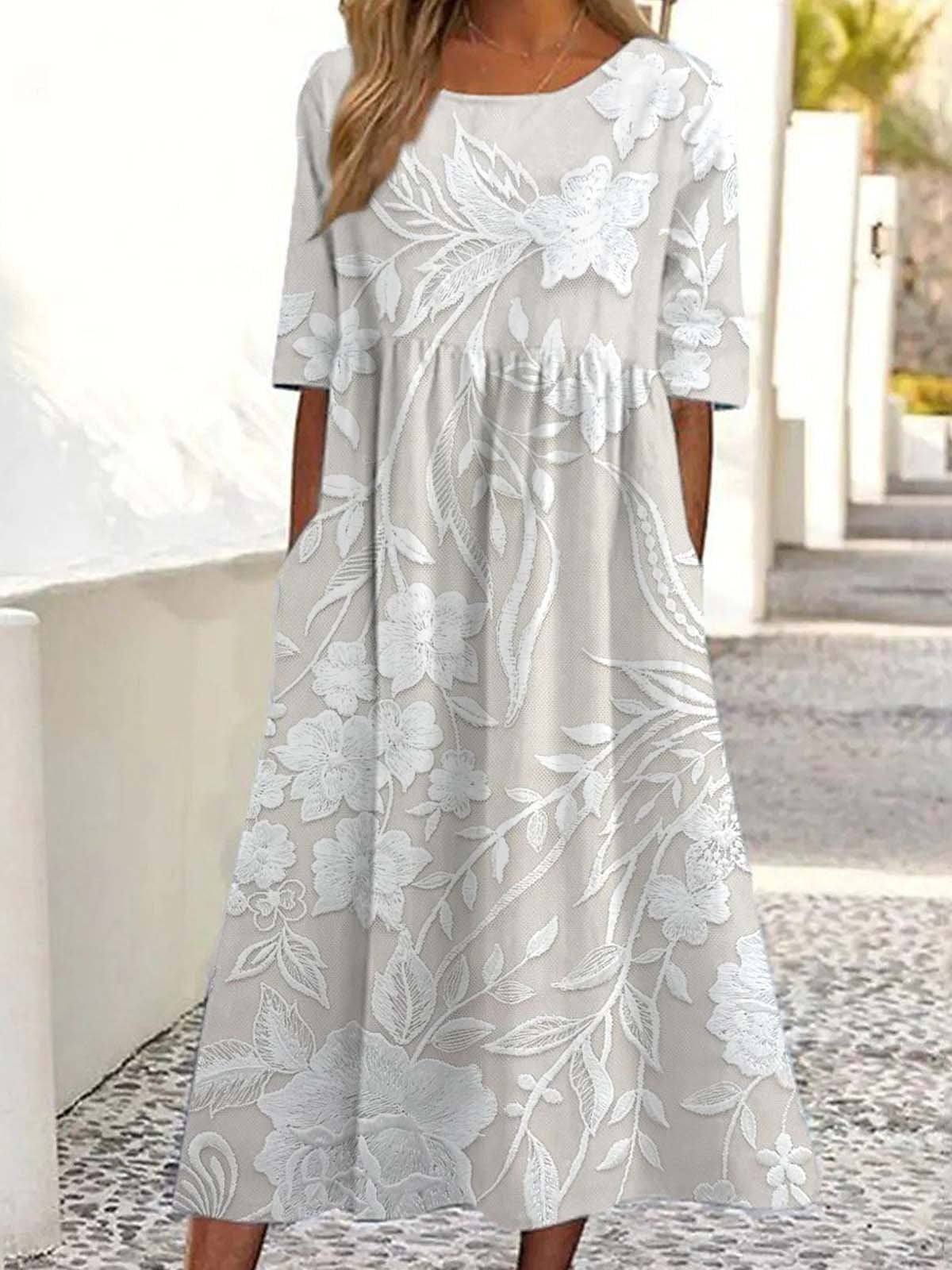 Women's Floral Print Maxi Dress Round Neck Half Sleeve Casual A-Line Dress with Pockets