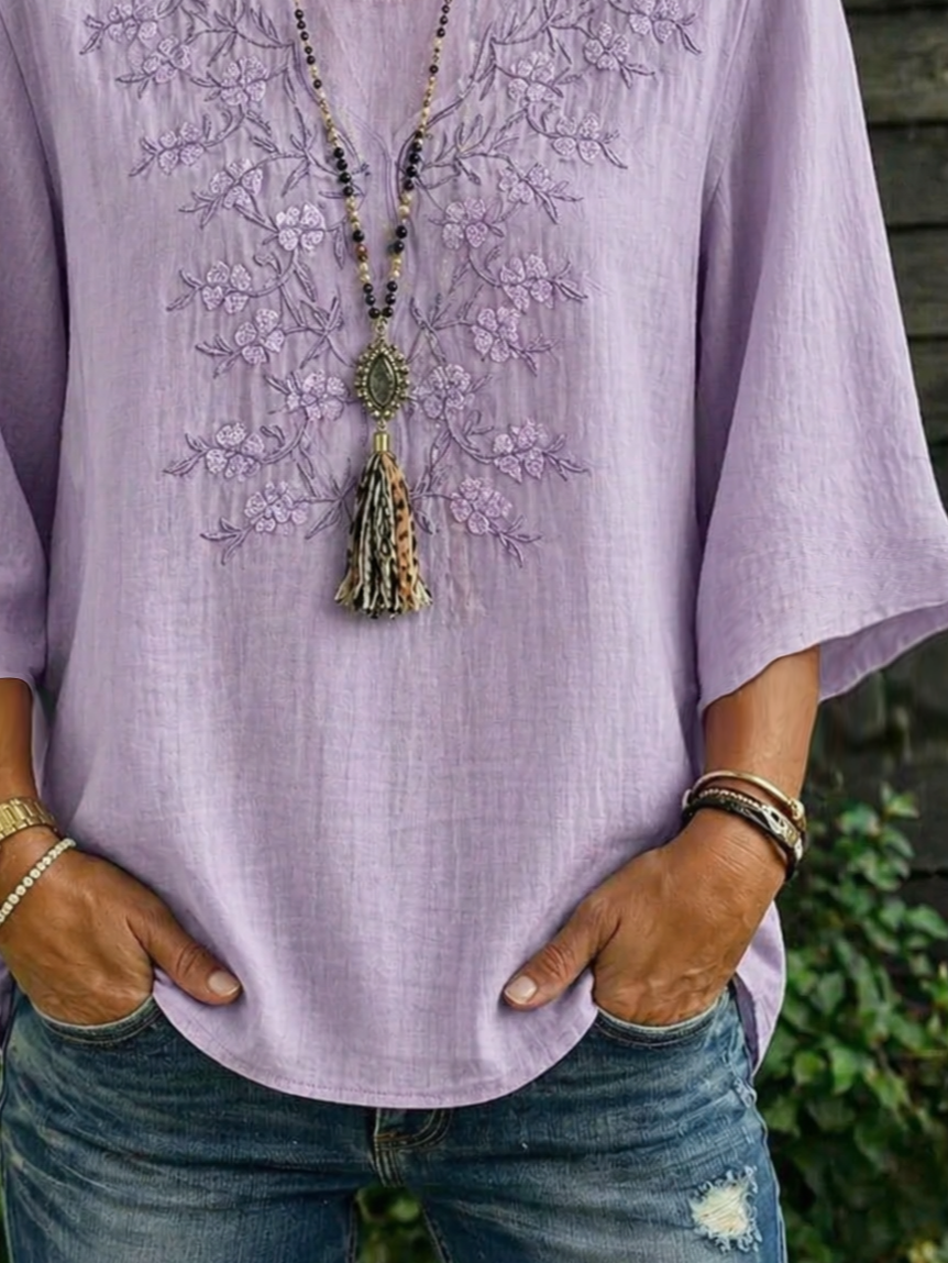 Women's Half Sleeve Blouse Summer Purple Floral Printing Crew Neck Daily Going Out Vintage Top