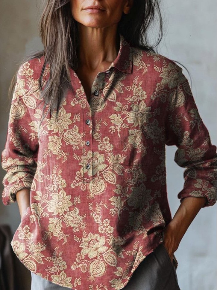 Women Vintage Floral Spring/Fall Cotton No Elasticity Daily Regular Fit Regular Henley Collar Shirts