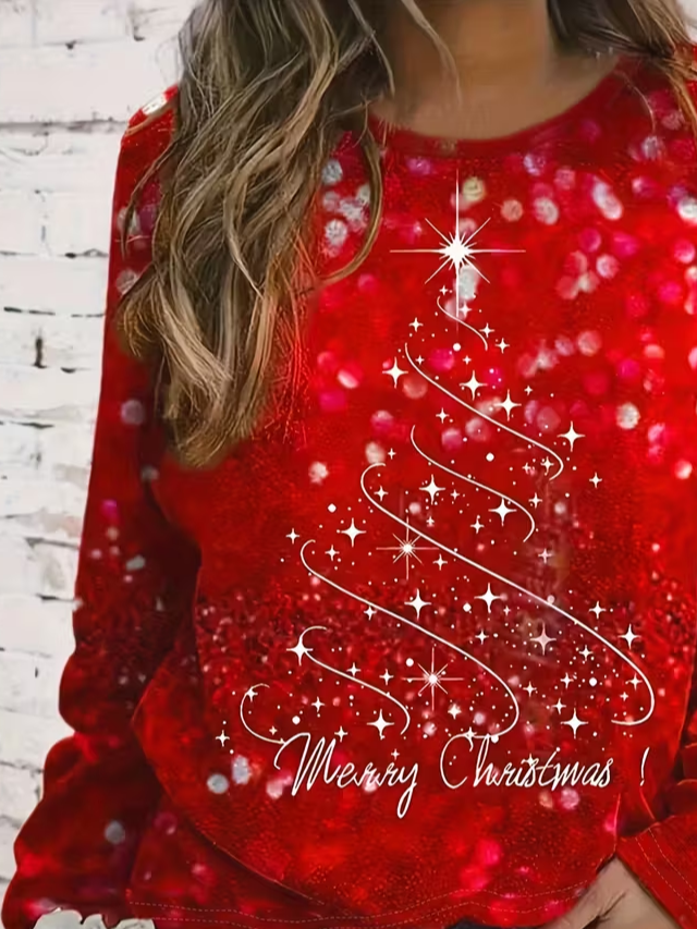 Women's Long Sleeve T-shirt Spring/Fall Red Christmas Printing Jersey Crew Neck Daily Going Out Casual Top