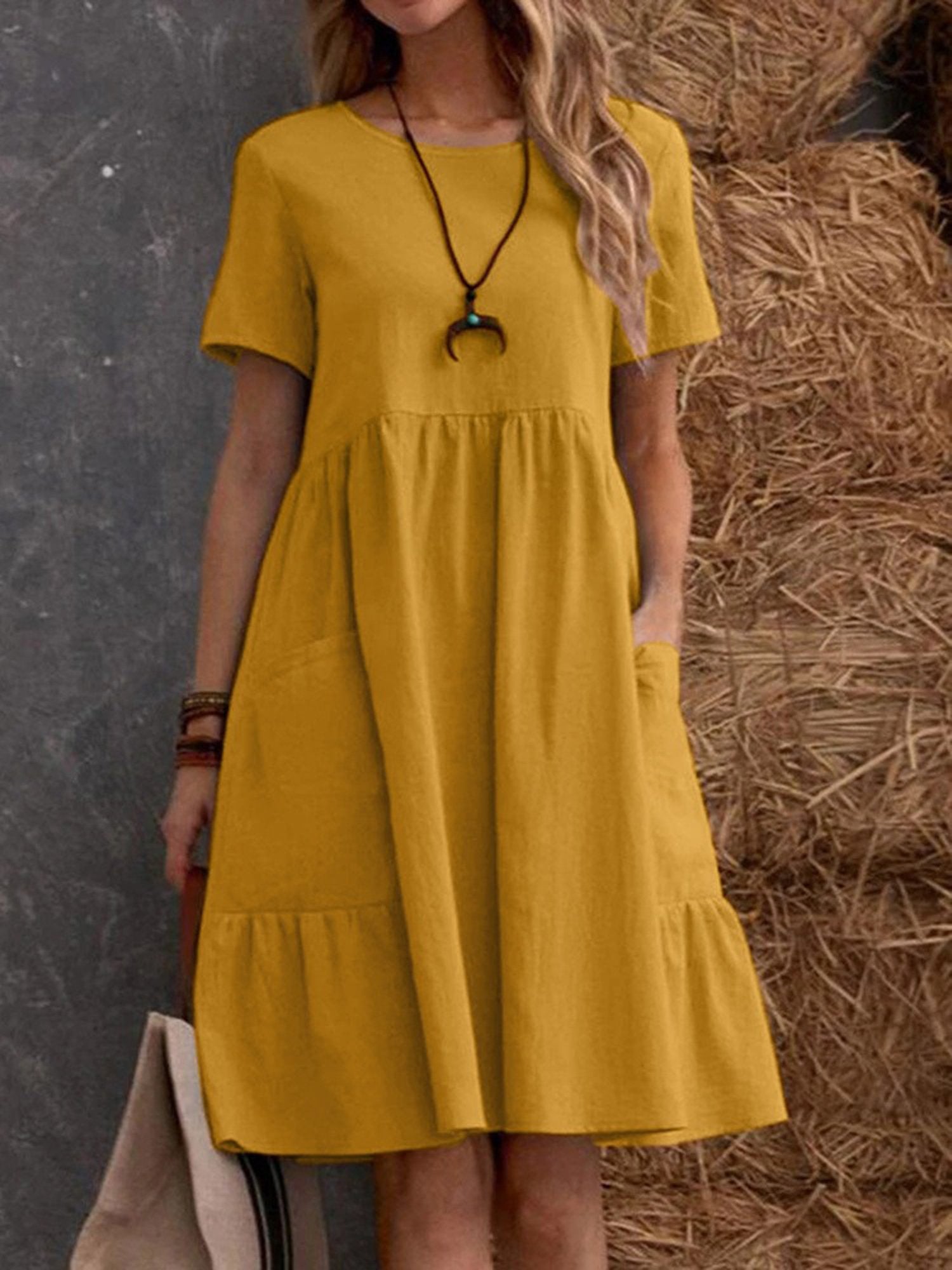 Casual Plain Crew Neck Midi Dress