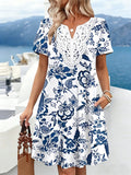 Blue Floral Short Sleeve V Neck Lace Trim Summer Casual Dress