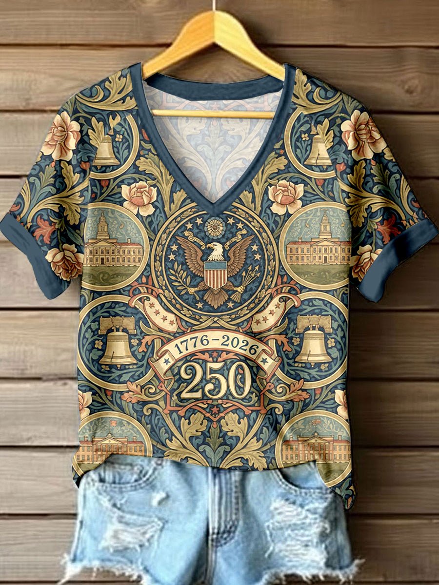 Women's 250th Anniversary Floral Print V-Neck T-Shirt