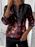 Women's Floral Print Casual Zipper Neck Long Sleeve Sweatshirt