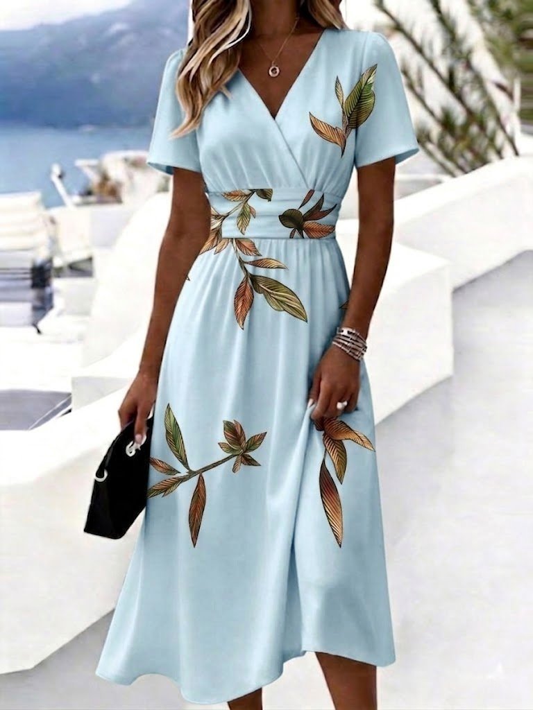 Women's White Midi Dress Green Brown Leaf Print Short Sleeve V Neck High Waist A-Line Casual Dress