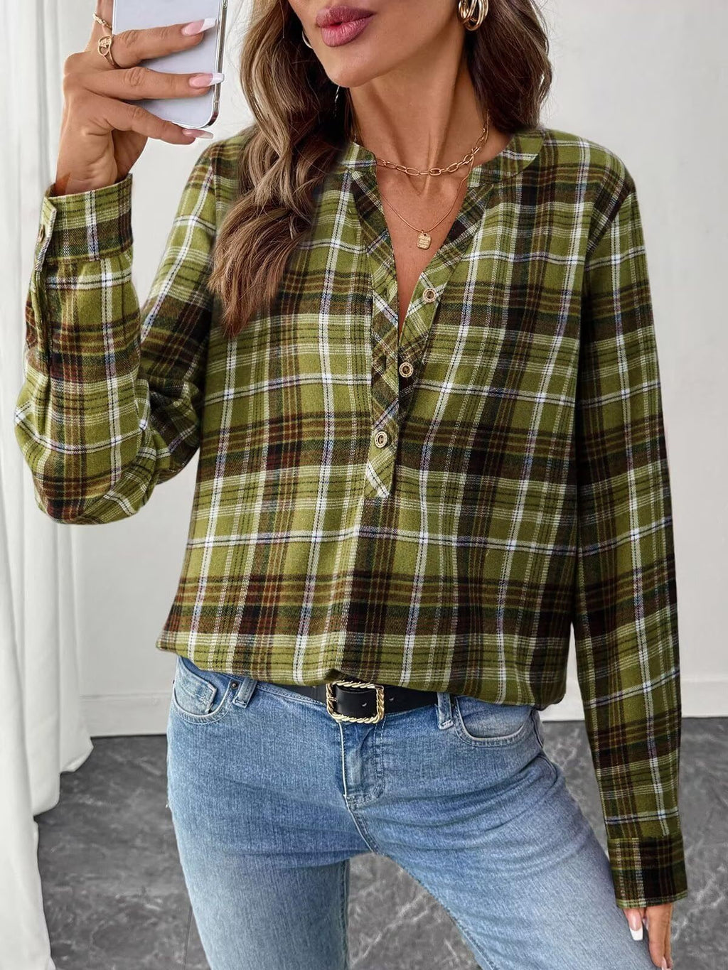Women's Long Sleeve Shirt Spring/Fall Blue Plaid Split Joint V Neck Daily Going Out Casual Top