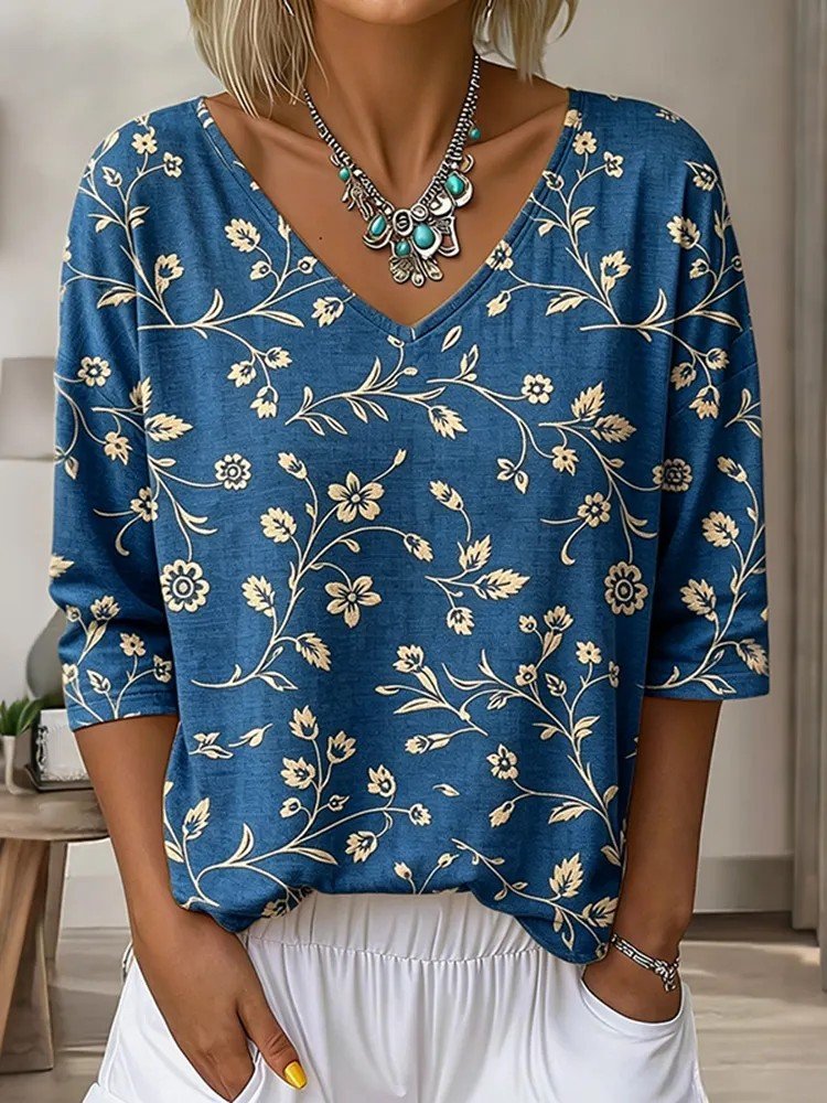 Floral V Neck Vintage T-Shirt