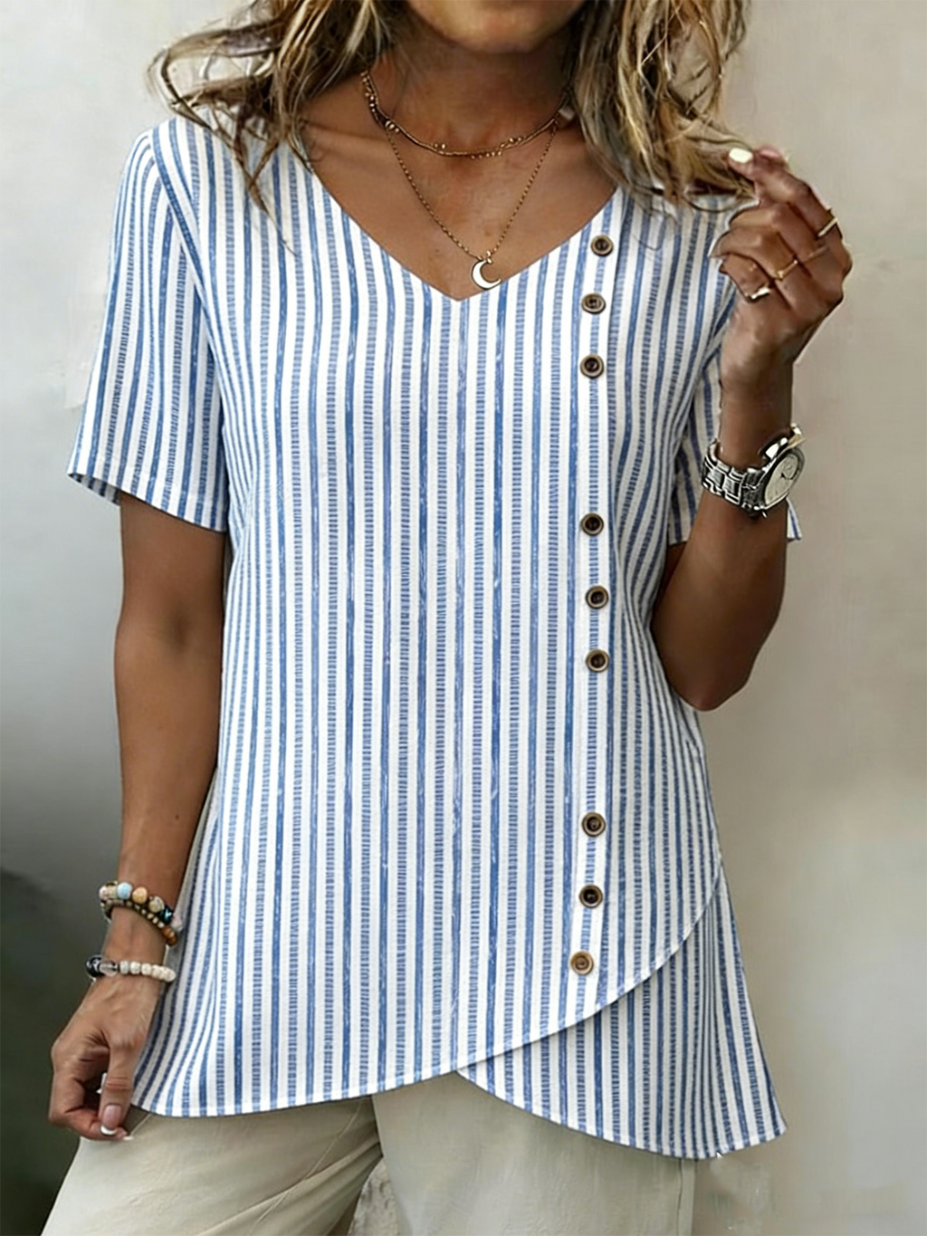 Striped Cotton And Linen Elegant V Neck Shirt
