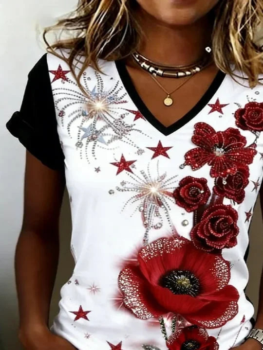 Women's Short Sleeve T-shirt Summer White Floral Printing V Neck Holiday Going Out Vintage Top