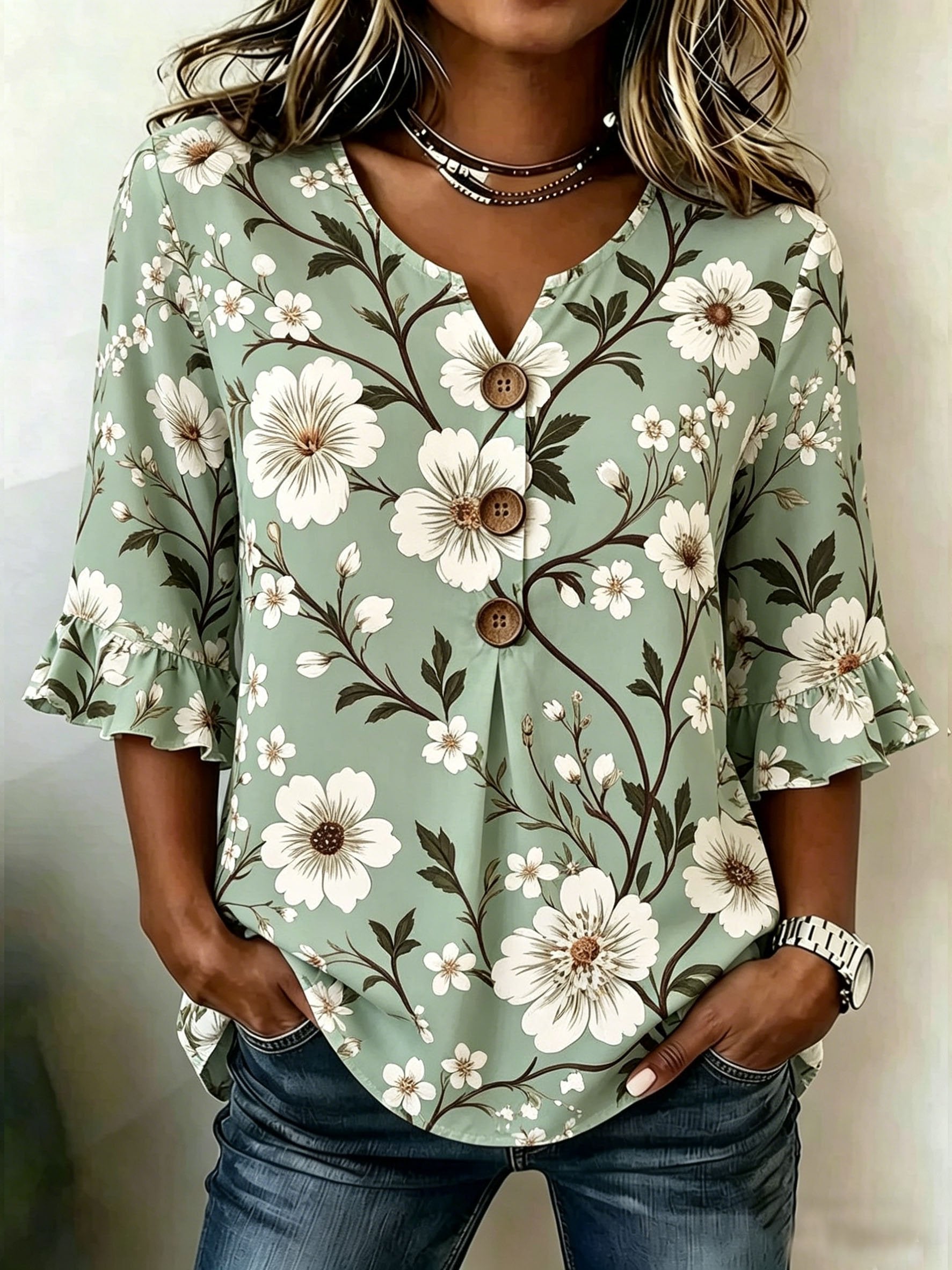 Women's Floral Half Ruffle Sleeve Blouse Summer V Neck Button Daily Going Out Vintage Top