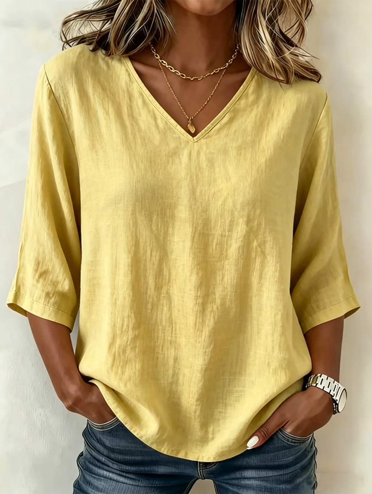 Loose Plain Casual V Neck Blouse