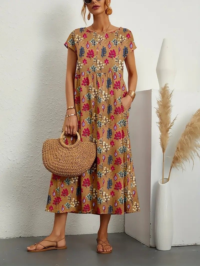 Women's Short Sleeve Summer Yellow Floral Split Joint Crew Neck Daily Going Out Vintage Maxi A-Line Tank Dress