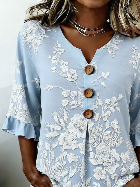 Women's Half Sleeve Blouse Summer Blue Floral Printing V Neck Daily Going Out Vintage Top