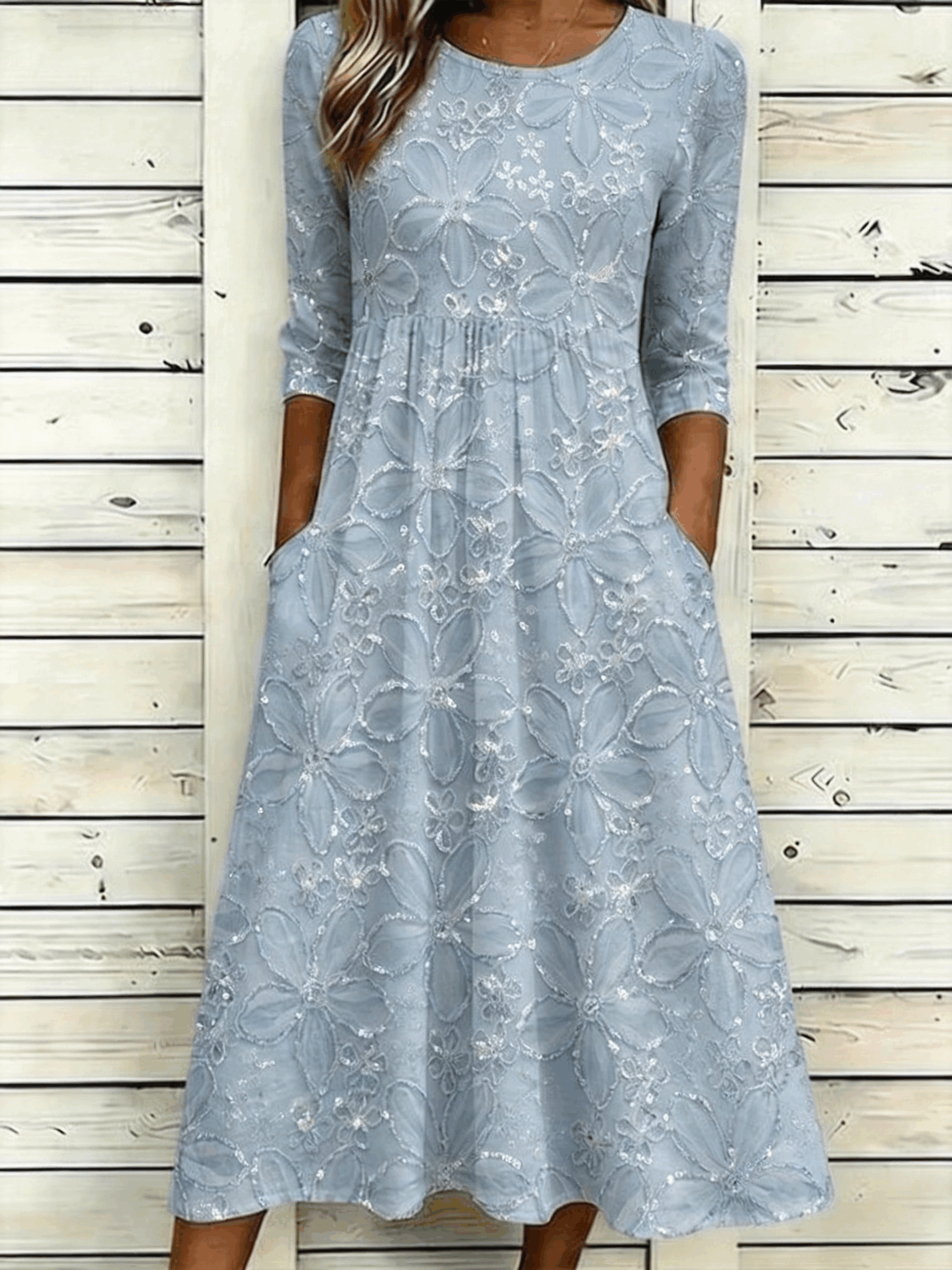 Daisy Floral Sequin Print Casual A-Line Midi Dress