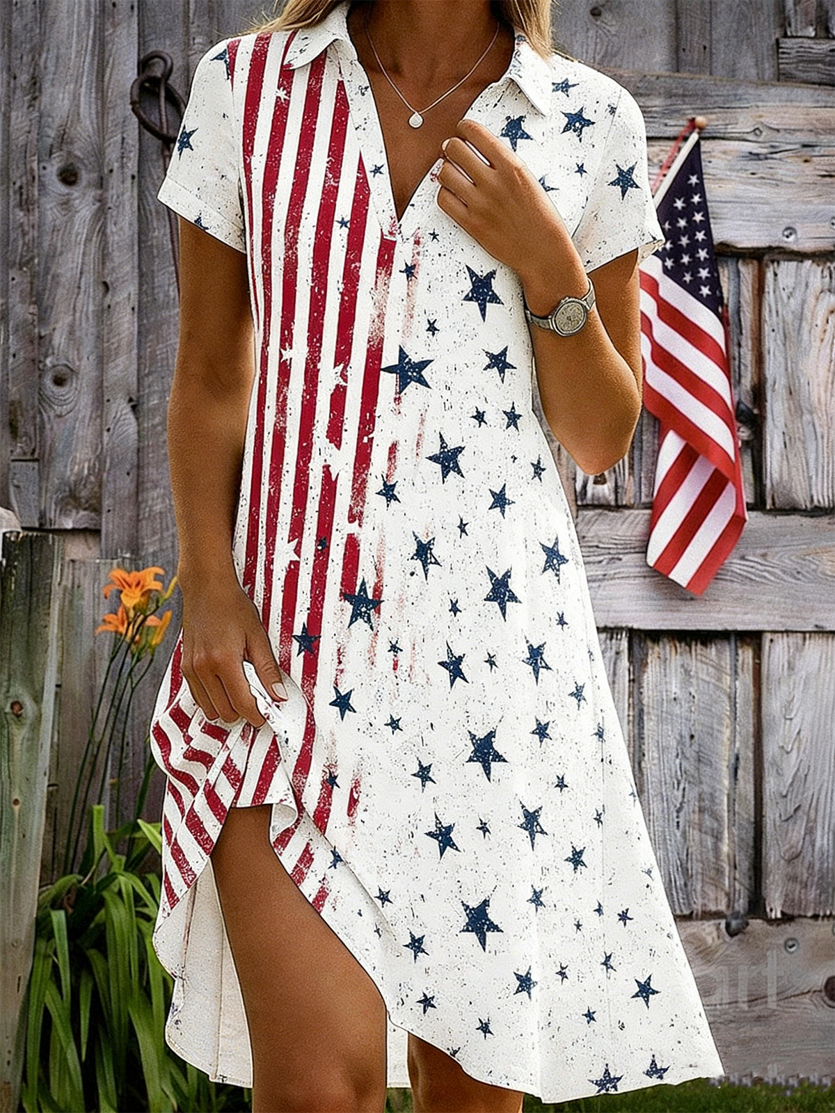Independence Day Elegant Loose Shirt Dress With No