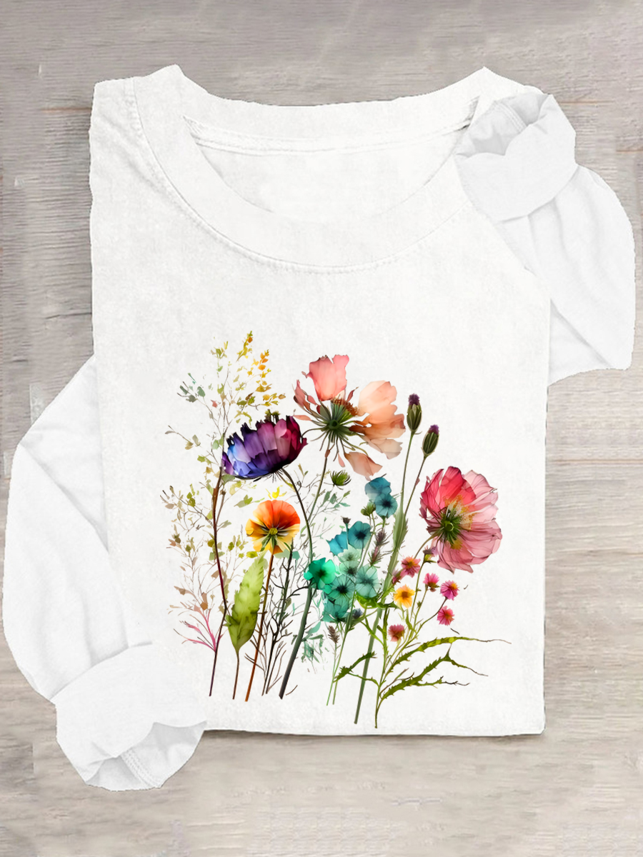 Women's Cotton Floral Print Crew Neck Sweatshirt Casual Long Sleeve Shirt