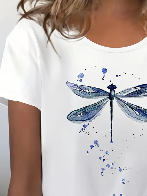 Women's Dragonfly Spring Print Casual Round Neck Short Sleeve T-Shirt