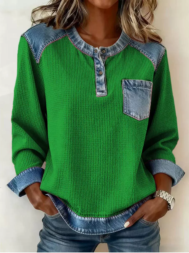 Denim Color Block Crew Neck Half Placket Long Sleeve Patch Pocket Casual Blouse