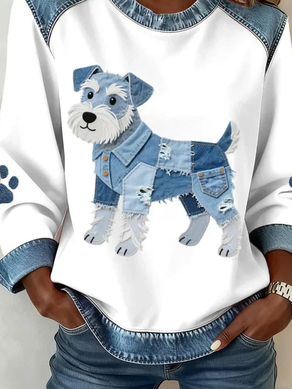 Denim Color Block Animal Crew Neck Long Sleeve Going Out Casual Sweatshirt