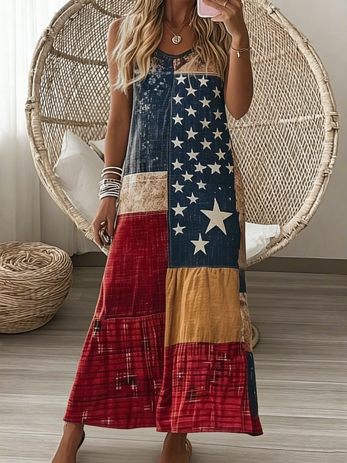 Loose Vintage Independence Day V Neck Dress With No