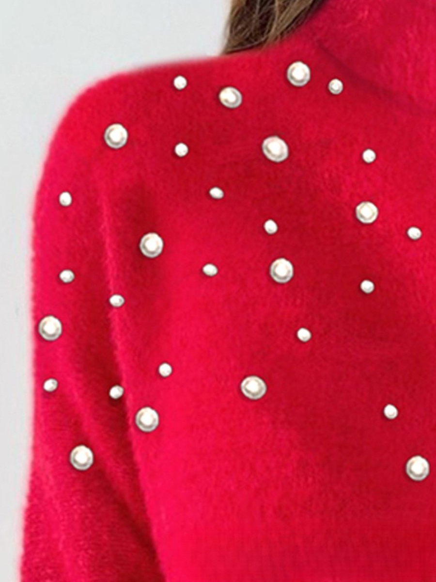 Simple Printing Beaded Turtleneck Sweater