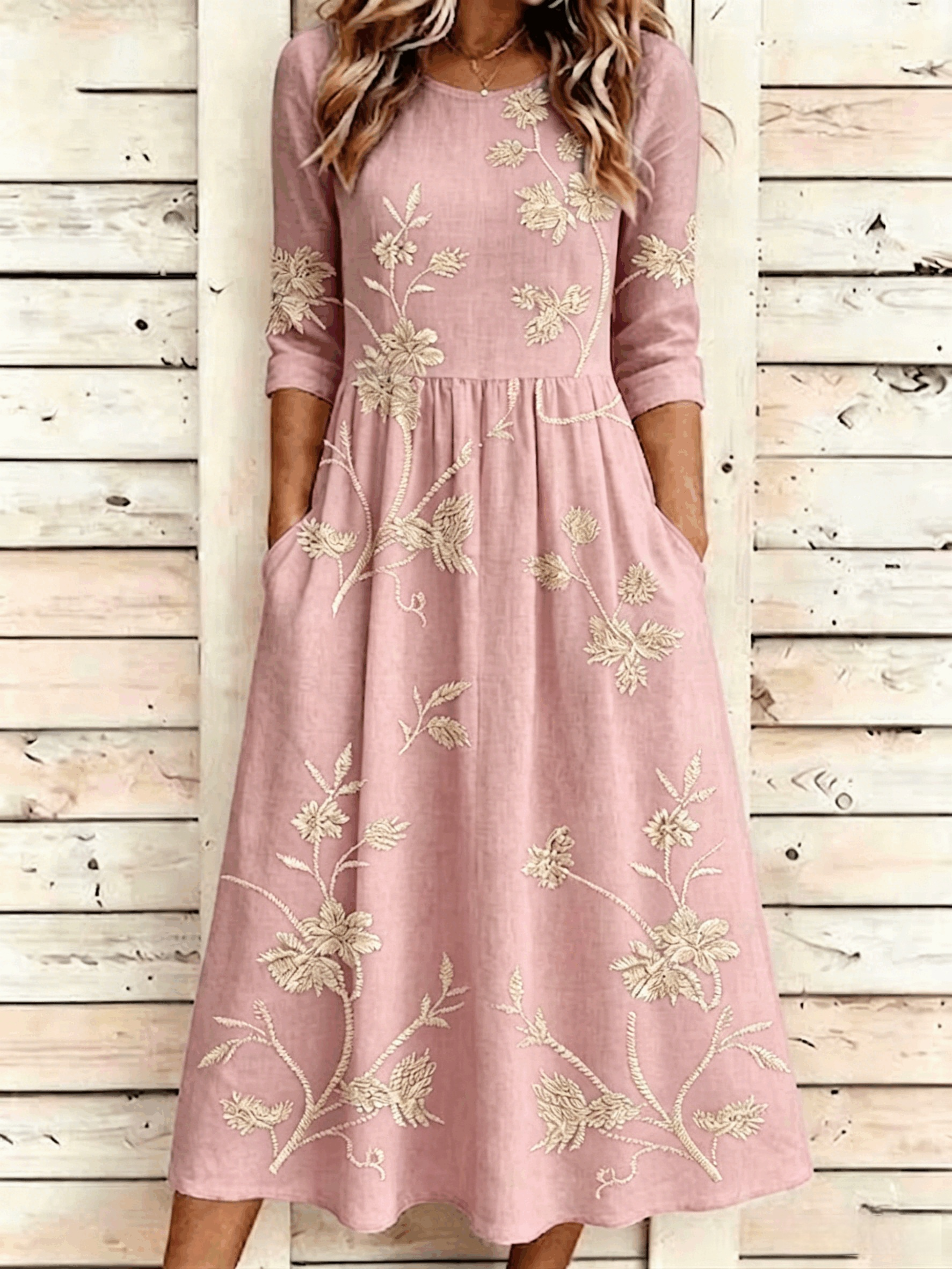 Floral Vintage Crew Neck Printing Dress With No