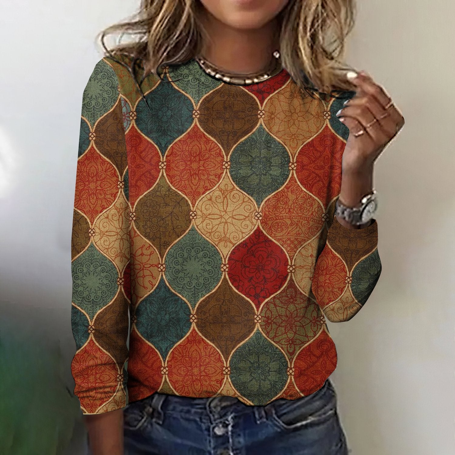 Retro geometric grid floral long sleeved T-shirt