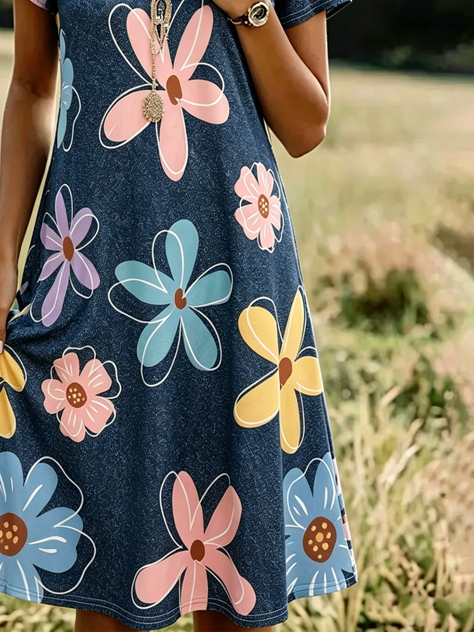 Vintage Faux Denim Print Graphic Dress With No