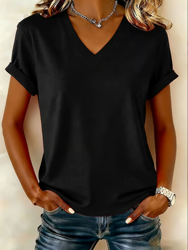Women's Short Sleeve T-shirt Summer White Plain Printing V Neck Holiday Going Out Vintage Top