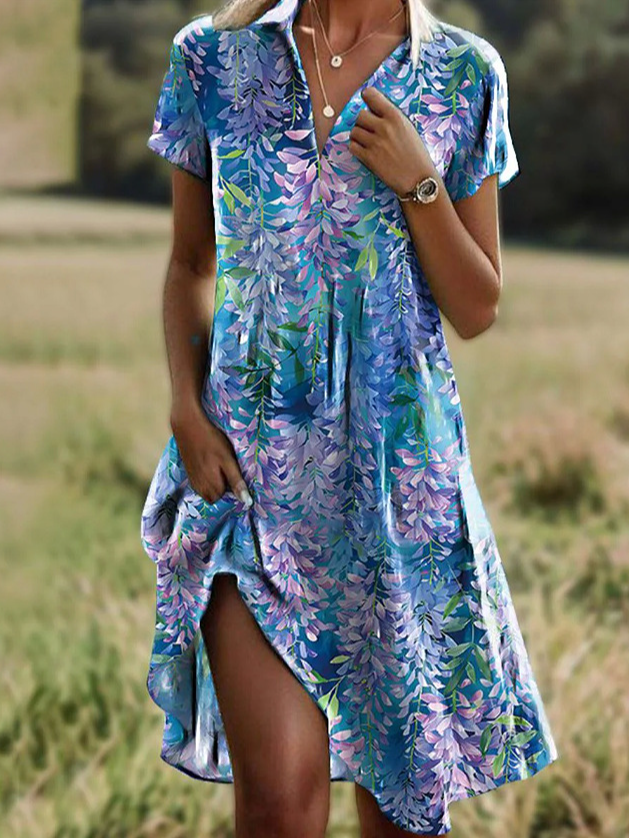 Vintage Floral V Neck Short Sleeve Midi Dress Casual Loose Flowy Shirt Dress