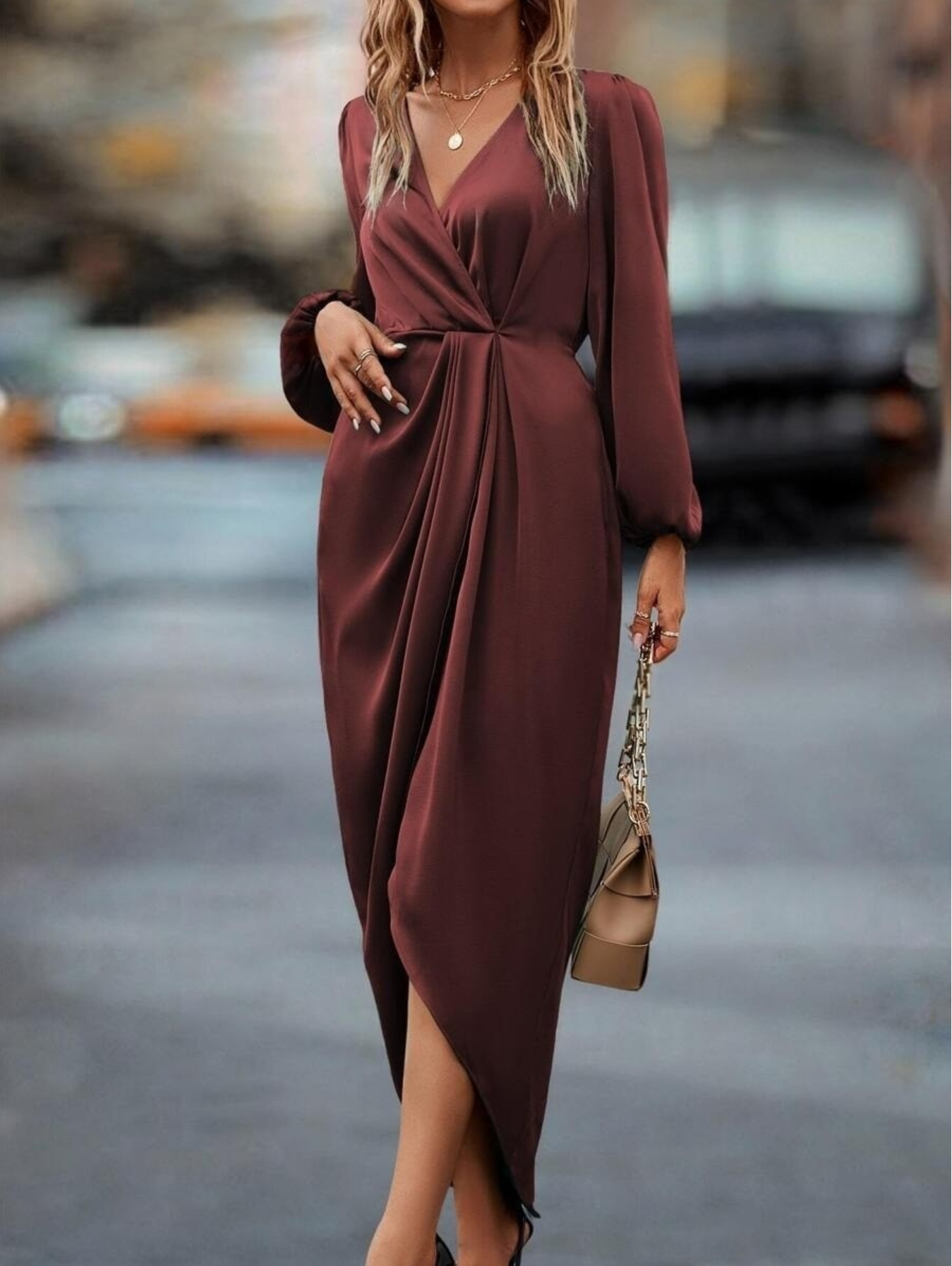 Stain Plain V Neck Long Sleeve Elegant Irregular Maxi Dress