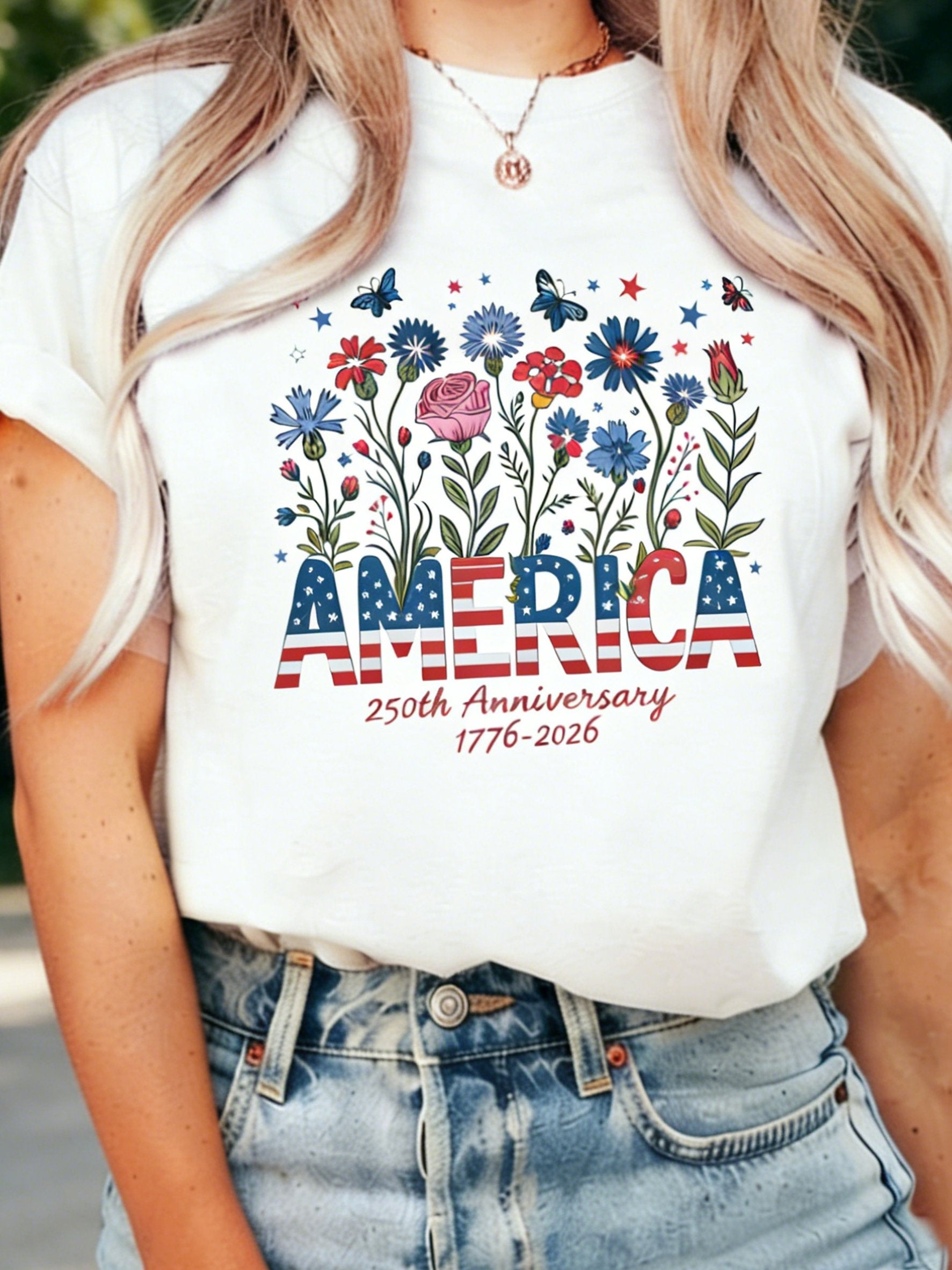 250th anniversary Independence Day Vintage Floral Printed Casual T-Shirt