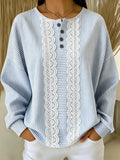 Women's Lightweight Striped Lace Print Henley Long Sleeve Sweatshirt