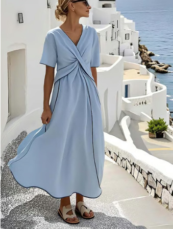 Abstract Stripe Cross V-neck Design Short Sleeve Summer Going Out Boho Maxi Dress