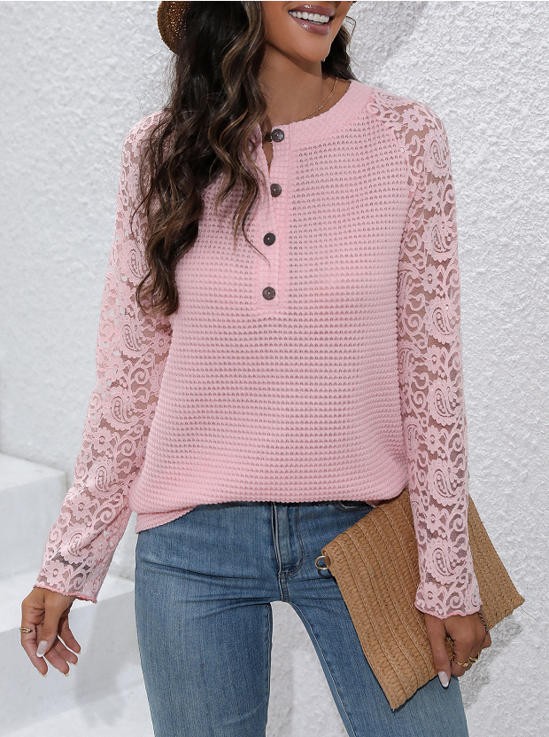 Lace Block Crew Neck Casual Plain Blouse