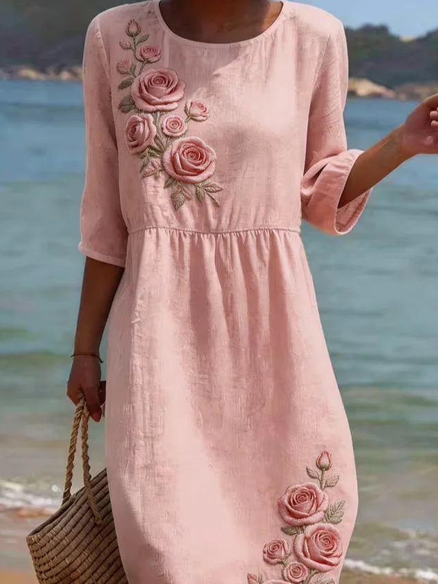 Women's Half Sleeve Summer Pink Floral Printing Crew Neck Daily Going Out Casual Maxi H-Line Dress